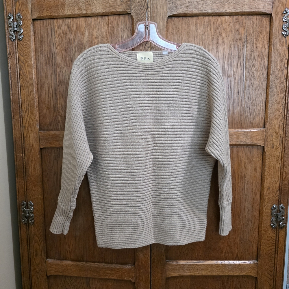 ELIE TAHARI | Tan Ribbed Long Sleeve Crewneck Sweater - Women's Large - Picture 3 of 7